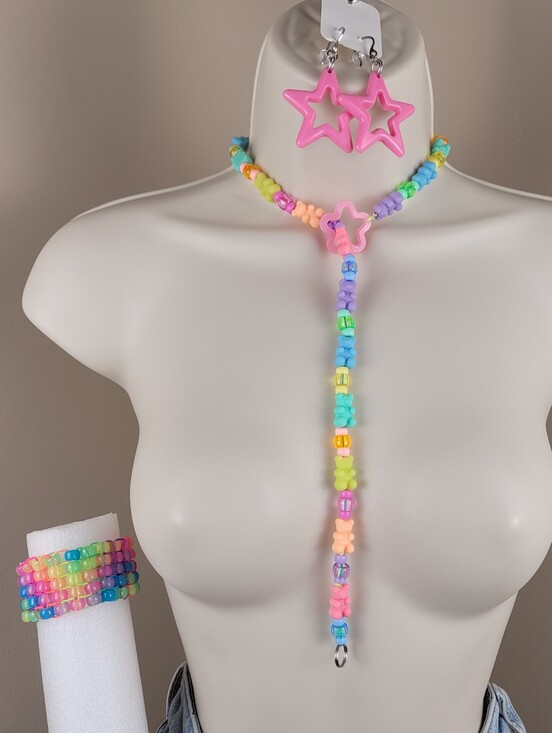 Kandi kids by Mitzie Other - 3pc rainbow gummy bear lariat drop star necklace cuff earring nail art